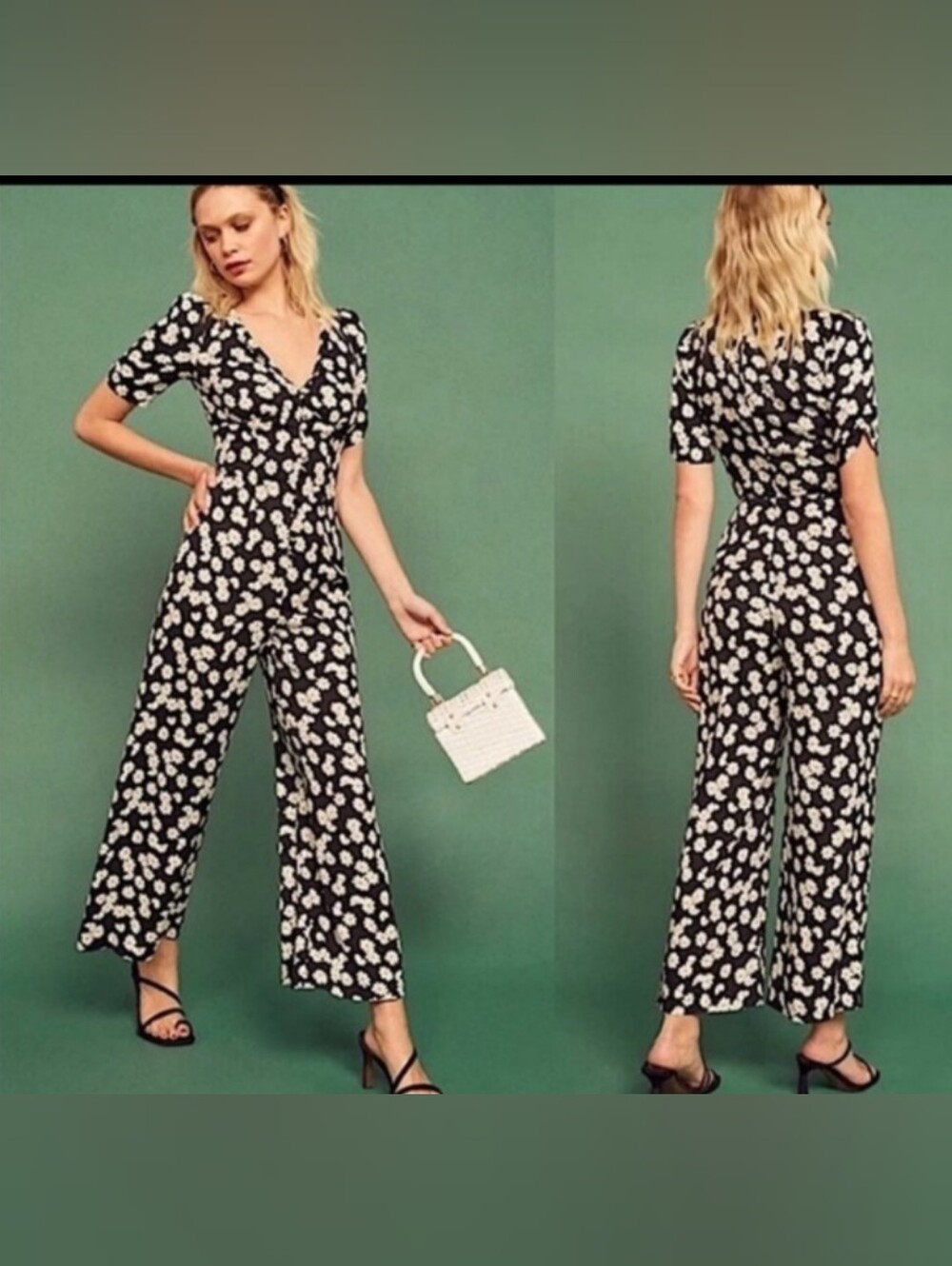 Reformation black white daisy floral short sleeve jumpsuit 8 medium